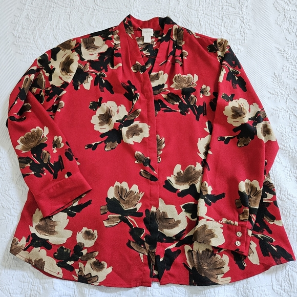 Chico’s top red floral button front blouse Career night out women’s 2, size L - Picture 10 of 10
